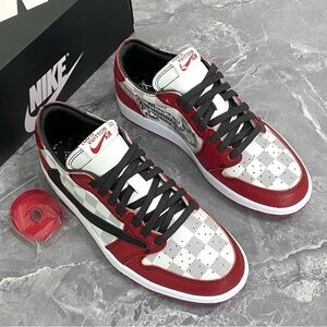 Red/ White Checkered Men's Sneakers -Air Jordan 1 Low x LV OG x Off-White
